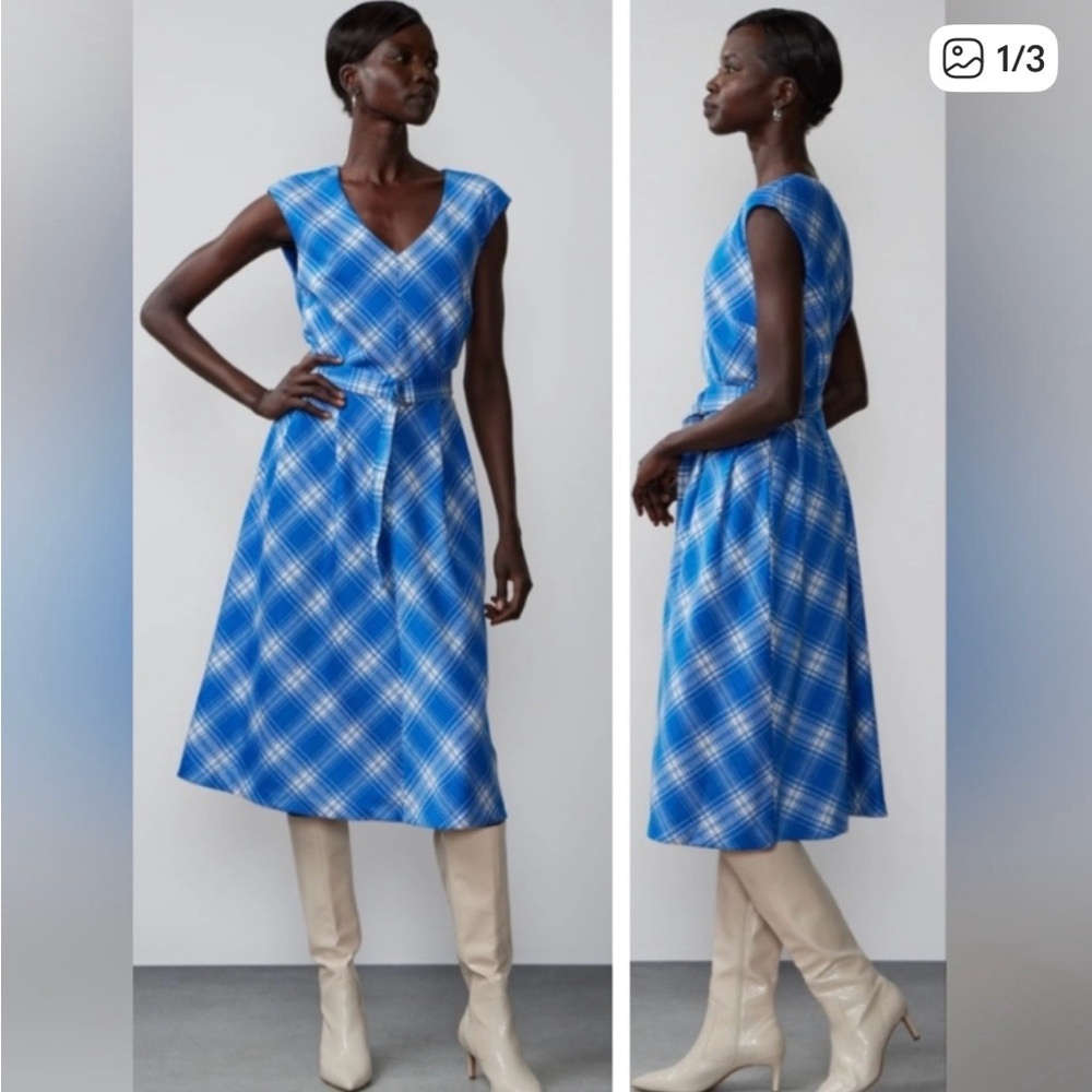 New York & Company Blue White Plaid Belted A-Line Midi Dress V-Neck Sleeveless M